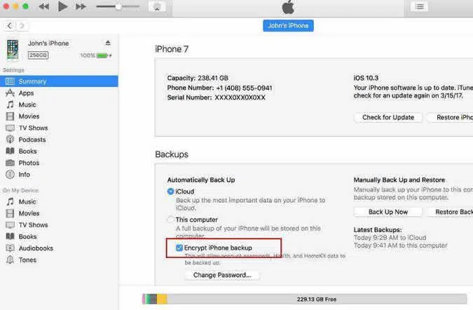 remove itunes backup password