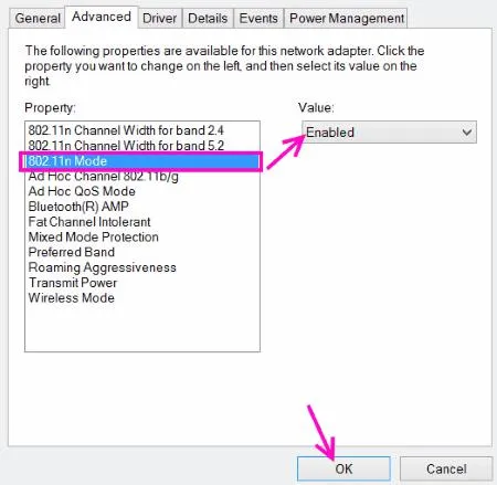 Wireless adapter properties 