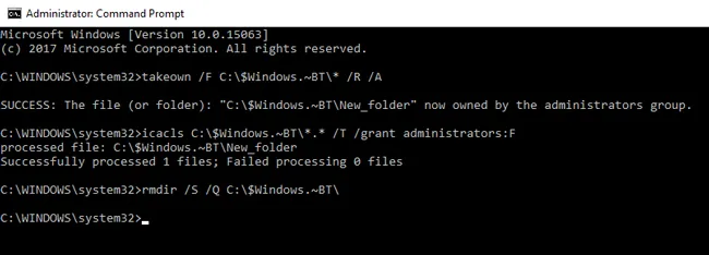 Delete $Windows.~BT folder using Command Prompt 