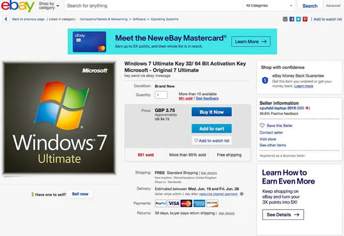 Buy Windows 7 Ultimate Product Key 64/32 Bit from eBay 