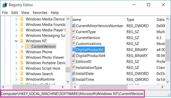 locate win 10 product with registry