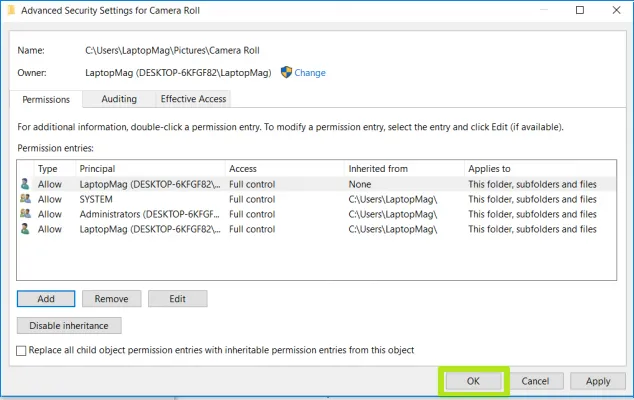 Replace all child object permission entries with inheritable permission entries