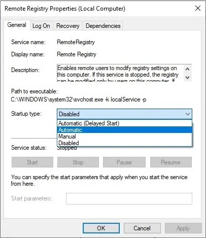 remote registry properties