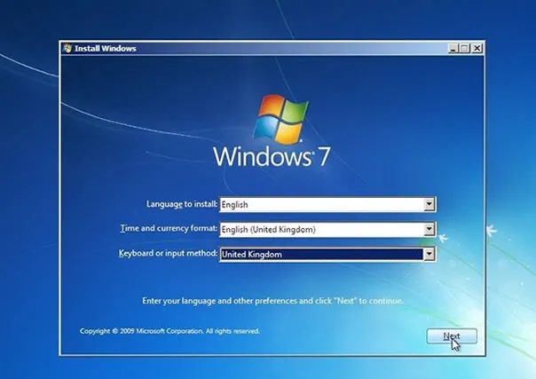 start to install Windows 7