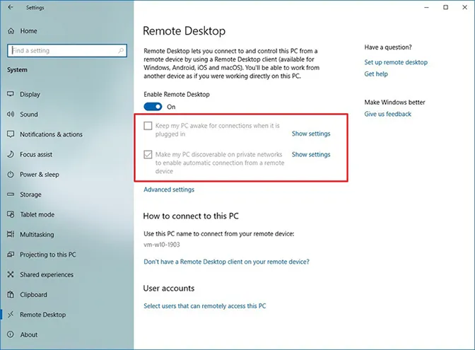 Using Remote Desktop Windows 10