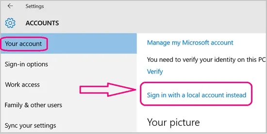 Sign in with a local account instead