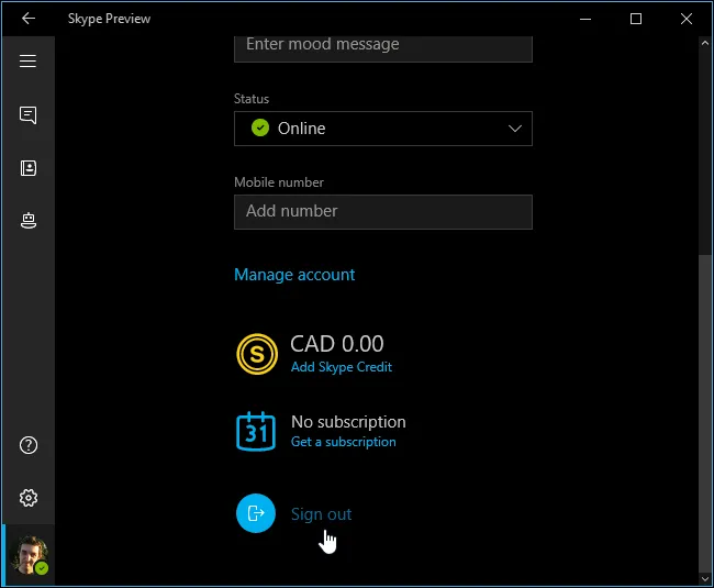 sign out skype preview